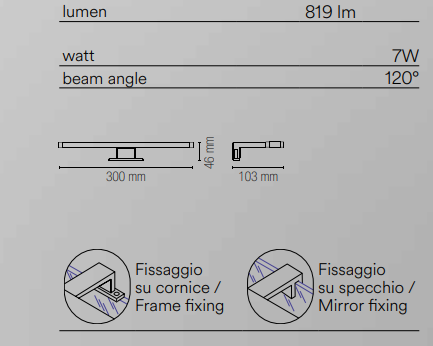 Applique led integrato con struttura in termoplastica e diffusore in acrilico con fissaggio su cornice o su specchio 4000°k collezione SACS Applique led integrato con struttura in termoplastica e diffusore in acrilico con fissaggio su cornice o su specchio 4000°k collezione SACS